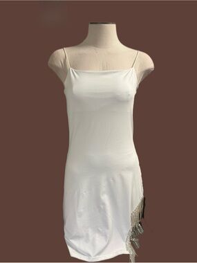 White Spaghetti Strap Mini Dress with Side Silver Fringe